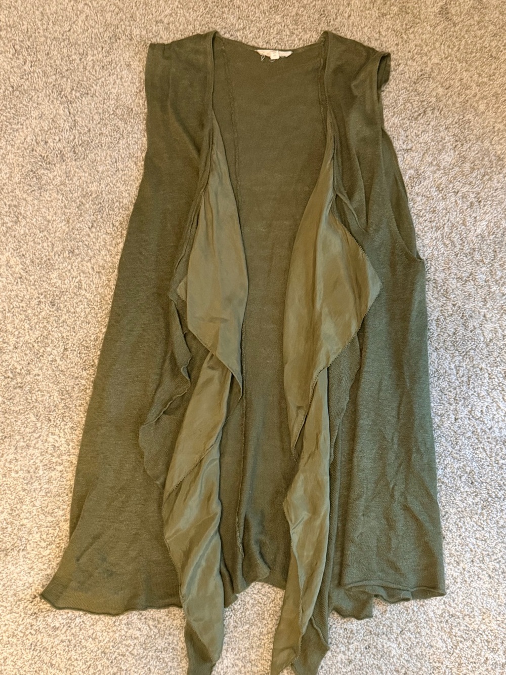 Eileen Fisher Olive Green Open Front Sleeveless Duster